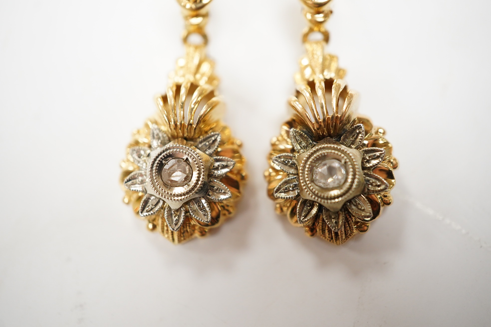 A pair of 18k and rose cut diamond set drop earrings, 29mm, gross weight 4.5 grams. Condition - fair to good.